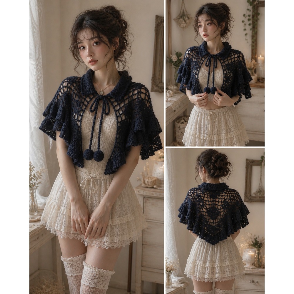 Whimsigoth Festival Witchy Crochet Cape Knit Black Whimsical Feminine One Size